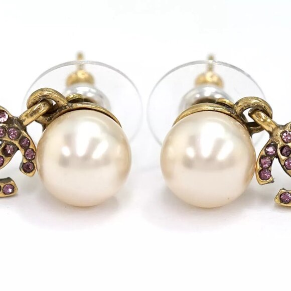 CHANEL CC Logos Purple Rhinestone Pearl Dangle Earrings Gold Tone 04A Auth w/Box - Picture 1 of 16